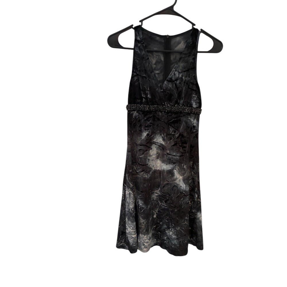 Womens Dress Size M Black Gray Marble Sleeveless V-Neck Beaded Waist Knee